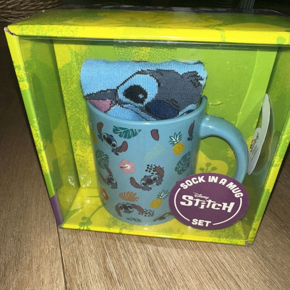 Boxed‎ Gift Set Disney Stitch Socks In A Mug 18 oz & Blue Stitch Crew Socks NEW